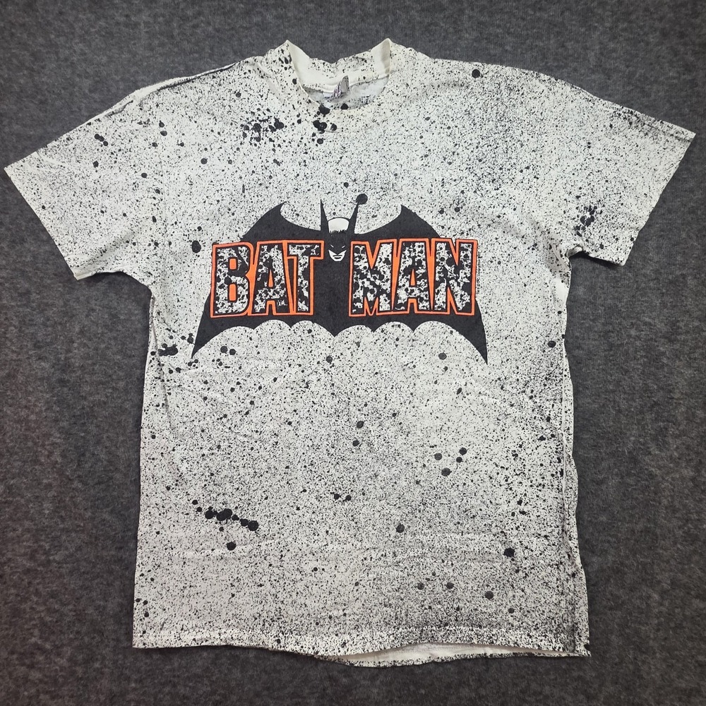 Vintage Batman Shirt Men XL 80s DC Comic Neon Orange Logo AOP Splatter MY USA